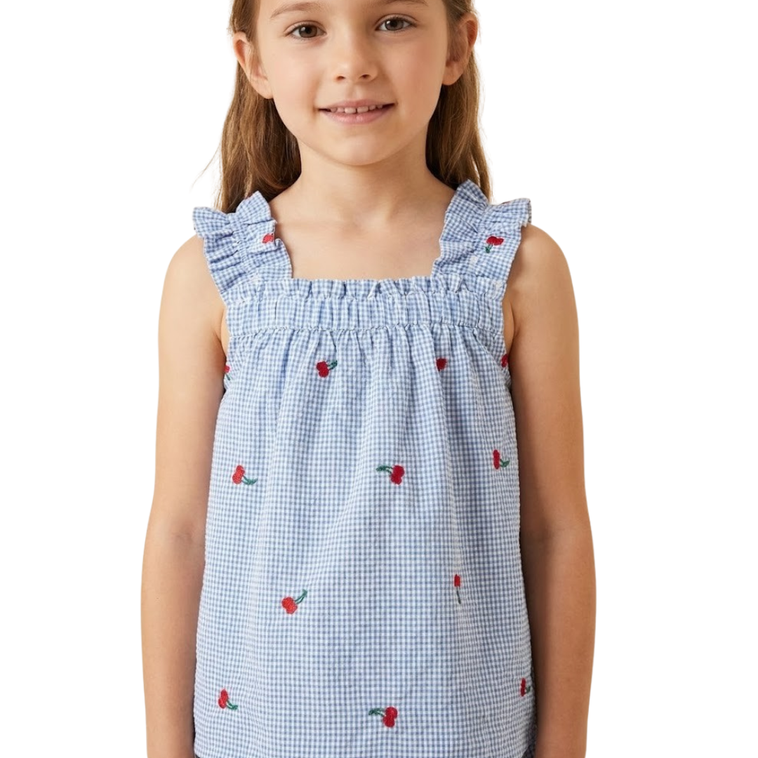 Girls Cherry Ruffle Strap Tank