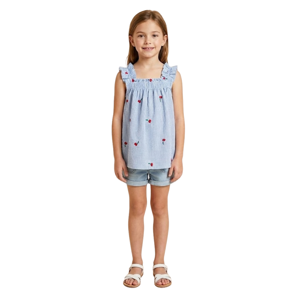 Girls Cherry Ruffle Strap Tank
