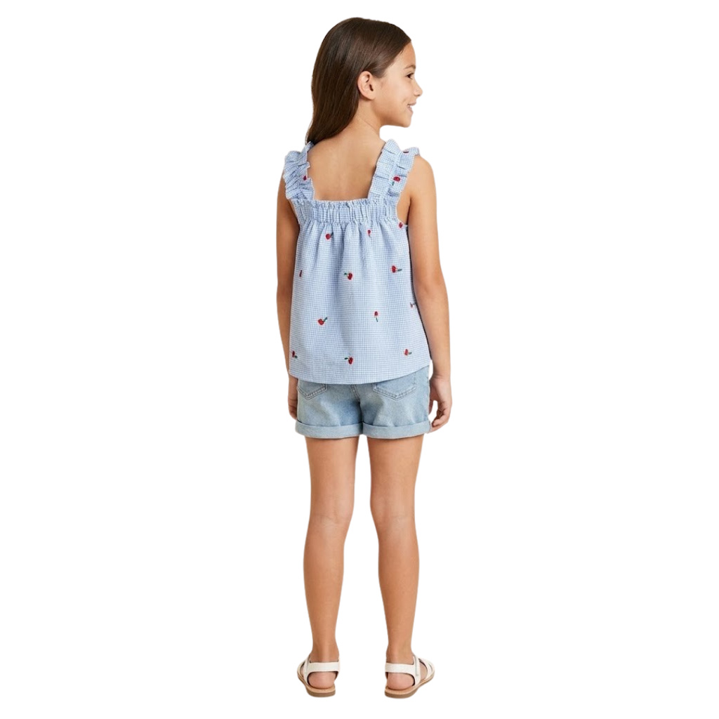 Girls Cherry Ruffle Strap Tank